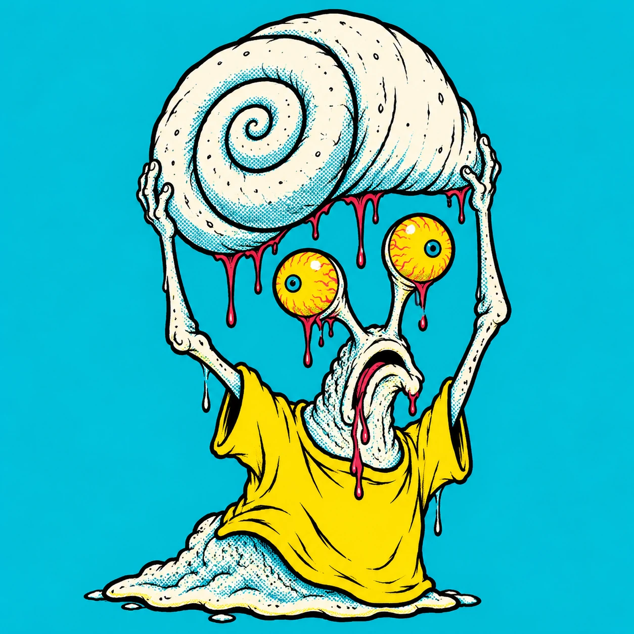 SHOLL, a wide-eyed snail in a yellow shirt carrying an enormous spiral sholl